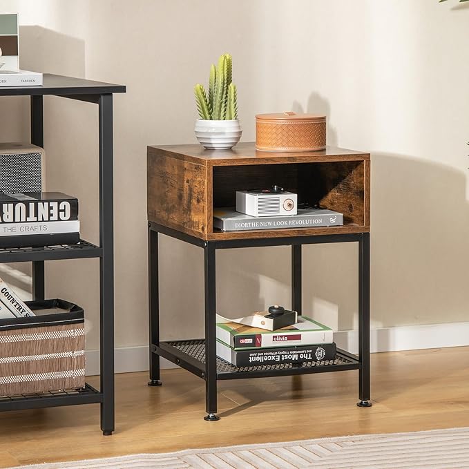 Giantex 2-Tier Side Table, Industrial End Table with Open and Mesh Storage Shelf, Stable Metal Frame, Telephone Table for Small Space, Bedside Table Night Stand for Living Room Bedroom, Rustic Brown