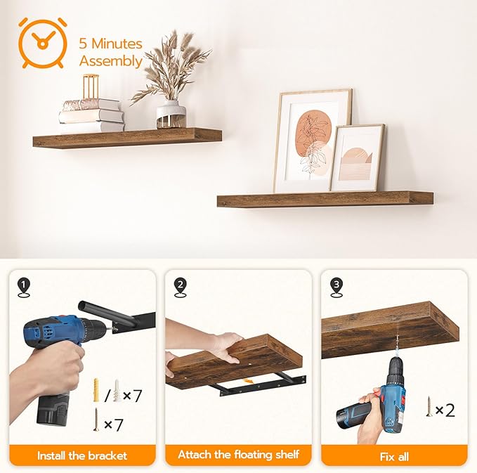 HOOBRO Floating Shelves for Wall, Wall Mounted Shelf Set of 2, 31.5" Hanging Shelf with Invisible Brackets, for Wall in Bathroom, Bedroom, Toilet, Kitchen, Living Room, Office, Rustic Brown BF80BJP201-NeatNest