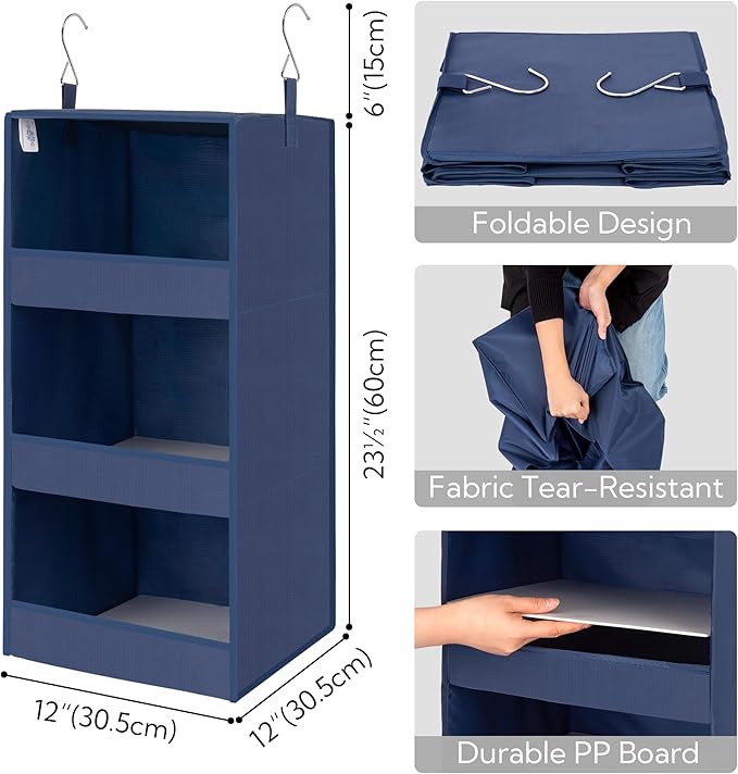 GRANNY SAYS 3-Shelf Closet Organizers and Storage, Foldable Hanging Closet Organizer, Closet Hanging Shelves with 2 Metal Hooks, Leak-Proof Hanging Organizer for Closet, Navy, 2-Pack-NeatNest