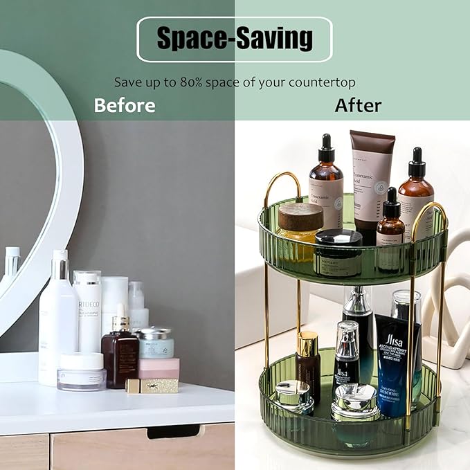Rotating Makeup Organizer Countertop 2 Tier Lazy Susan Trays Clear Skincare Perfume Storage for Bathroom Counter Vanity, Green Gold-NeatNest