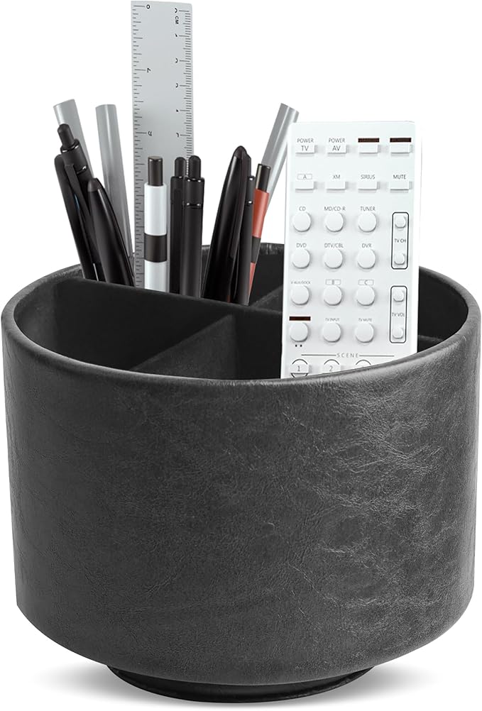 Hennaja Round Leather Art Supply Organizer,Remote Control Holder,360 Degree Spinning,Multi-Functional Pencil Holder,4 Compartments Desktop Stationary Organizer(1-Oil Black)-NeatNest