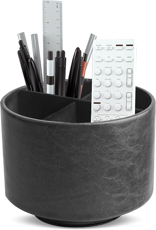 Hennaja Round Leather Art Supply Organizer,Remote Control Holder,360 Degree Spinning,Multi-Functional Pencil Holder,4 Compartments Desktop Stationary Organizer(1-Oil Black)-NeatNest