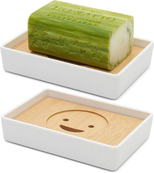 Bamboo Soap Dishes for Shower Wooden Soap Bar Holder for Bathroom Soap Tray Easy to Clean, Durable and with Non-Slip Pads(Two White Smiley Faces)-NeatNest