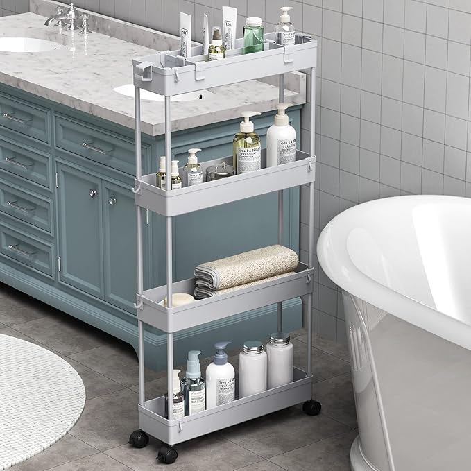 SPACELEAD Slim Storage Cart 4 Tier,Bathroom Organizer Rolling Utility,Mobile Shelving Unit Slide Out for Office, Kitchen, Laundry Room & Narrow Places,Gray-NeatNest