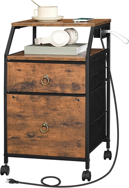 HOOBRO 2-Drawer Mobile File Cabinet, Filing Cabinet with Charging Station, Printer Stand with Open Storage Shelf, for A4/Letter Size, Home Office, Nonwovens Drawer, Rustic Brown and Black BF10UWJ01