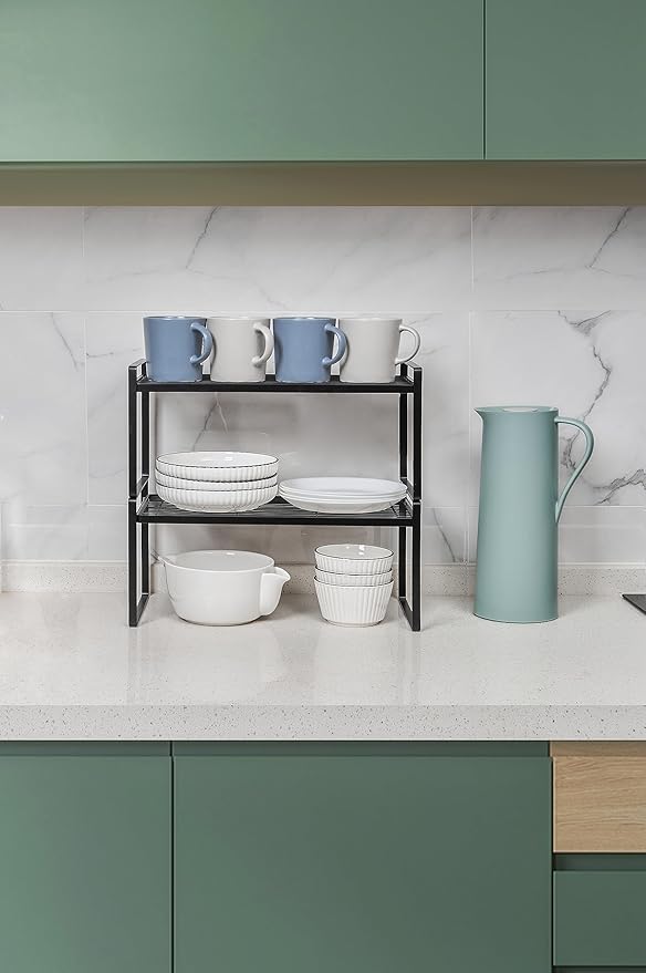 2Pack Kitchen Cabinet Shelf Counter Organizer Rack Pantry Storage Bathroom Bedroom Office Table Desk Space Saving Stackable Rust Resistant Non Slip Black Wide L16.1in W10.6in H7.3in-NeatNest