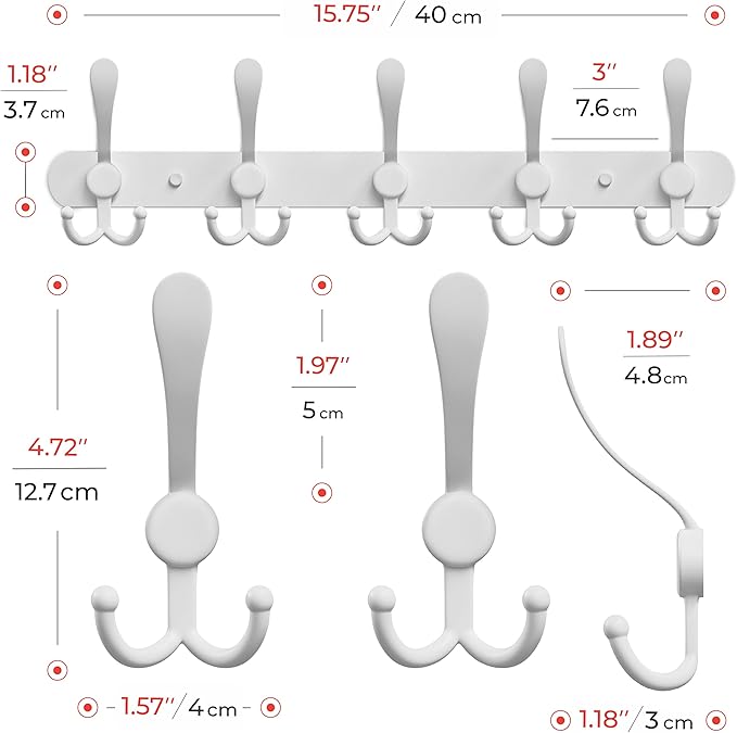Coat Rack Wall Mount with 5 Tri Hooks, Stainless Steel 16 Inch – White Matte Finish, Heavy Duty Wall Mounted Hook Rack for Coats, Hats, Towels, Scarfs, Robes, Bags, Entryway & Bathroom-NeatNest