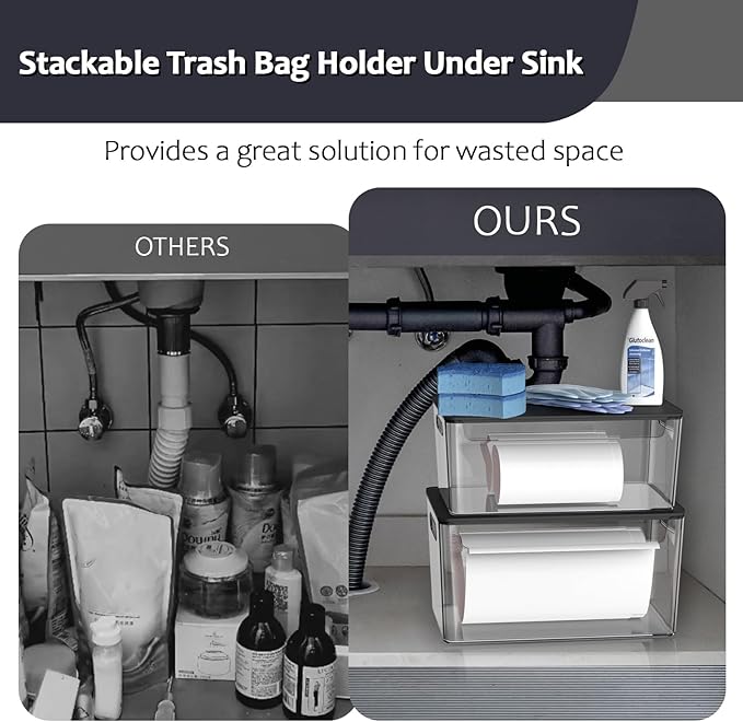 2 Pack Trash Bag Holder Under Sink Stackable, Plastic Garbage Bag Dispenser with Lid, Trash Bag Storage Dispenser Roll Holder for Kitchen, Pantry, Laundry Room Organization (Black Lid)-NeatNest