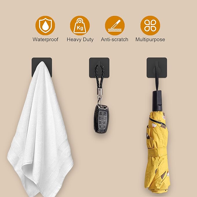 6 Pcs Adhesive Wall Hooks for Hanging - Waterproof Shower Hooks, Heavy Duty Towel Hooks for Bathrooms, Kitchens, and Offices (Black)