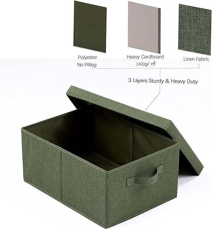 HOONEX Storage Bins with Lids for Organizing, Pack of 2, Storage Boxes with 2 Carrying Handles and Sturdy Heavy Cardboard, 16.5" L x 11.8" W x 7.5" H for Shoes, Books, Clothes, Olive-NeatNest