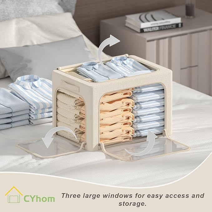 3 Openings Clothes Storage Bins Box - 3Pack Stackable Foldable Storage Bin - Metal Frame Storage Box Clothing Storage Organizer with Clear Window, Carry Handles (66L-19.7x15.7x13in, Beige)-NeatNest