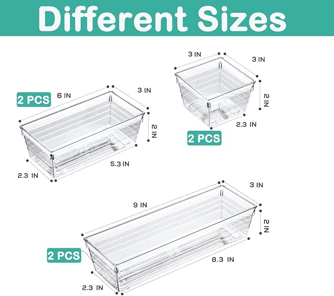 6 Pack Clear Drawer Organizer, Acrylic Drawer Storage Trays, Storage Bins for Makeup, Cosmetics, Jewelries, Utensils, Gadgets, Office-NeatNest
