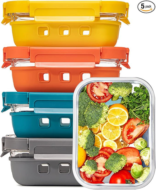 2.7 CUP Glass Food Storage Containers with Glass Lids,5 Pack-Aitight Meal Prep Container Set with Silicone Sleeve, BPA-Free, Dishwasher, Microwave, and Freezer Safe
