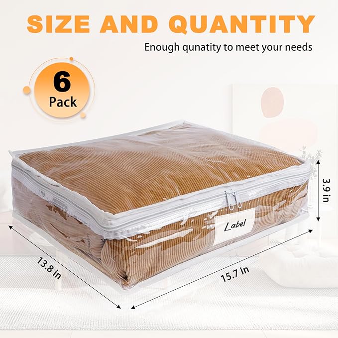 Clear Zippered Storage Bags Plastic Sweater Storage Bags with Zipper 6 Packs Clothing Organizer for Blankets Linen Sweater Bed Sheet Quilt Clothes Pillow (15.7 x 13.8 x 3.9 Inch)-NeatNest