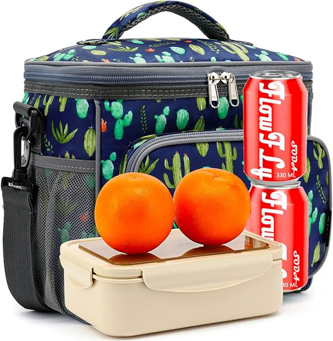 FlowFly Insulated Reusable Lunch Bag Adult Large Lunch Box for Women and Men with Adjustable Shoulder Strap,Front Zipper Pocket and Dual Large Mesh Side Pockets,Cactus-NeatNest