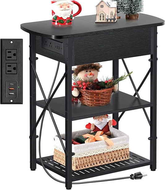 Narrow End Table with Charging Station, Side Table with 3 USB Ports and 2 AC Outlets, Flip Top End Table with Storage, Black Side Tables Living Room, Nightstand with Drawer for Bedroom