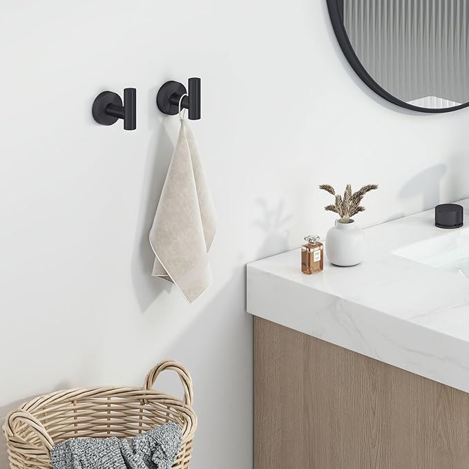 Angle Simple Matte Black Towel Hook 2 PCS, Stainless Steel Kitchen Bathroom Towel Holder, Round Coat Robe Hanger for Wall