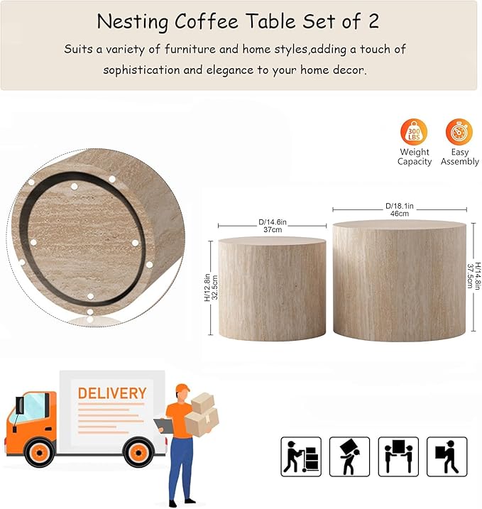 Modern Round Nesting Coffee Table Set of 2, Vertical Stripe Design Drum Coffee Table Cocktail Table, Round Side Table for Living Room, Bedroom, Office, Balcony (B14.6+18.1")
