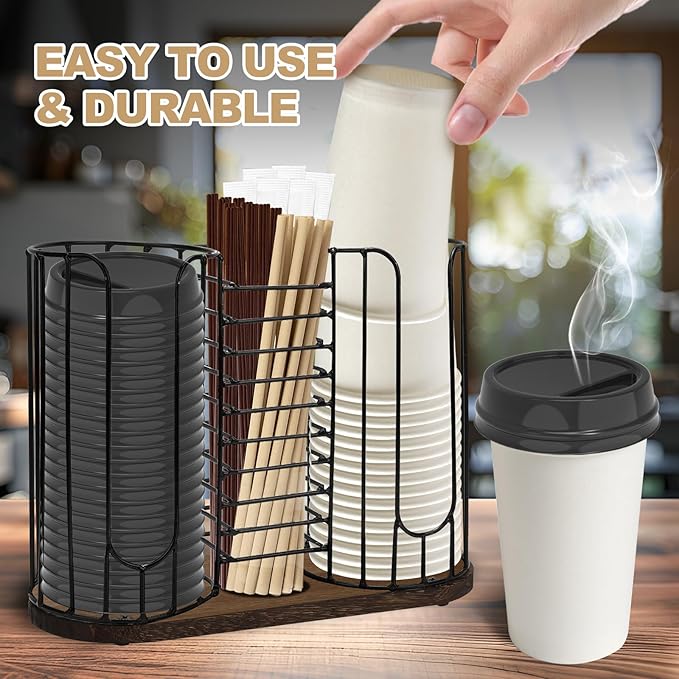 3-Compartment 18oz Coffee Cup Dispenser Rack with Wood Base, Disposable Cup, and Lid Organizer for Countertop - Perfect for Paper Cups, Straws, and Kitchen Cabinet Storage-NeatNest