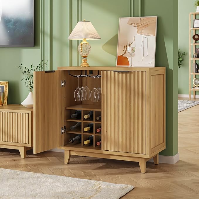 Fluted Coffee Bar Cabinet with Storage, Modern Sideboard Buffet Cabinet with Removable Wine Rack, Drawer, Adjustable Shelf, Natural Liquor Cabinets for Living Room, Dining Room, Kitchen, Entryway