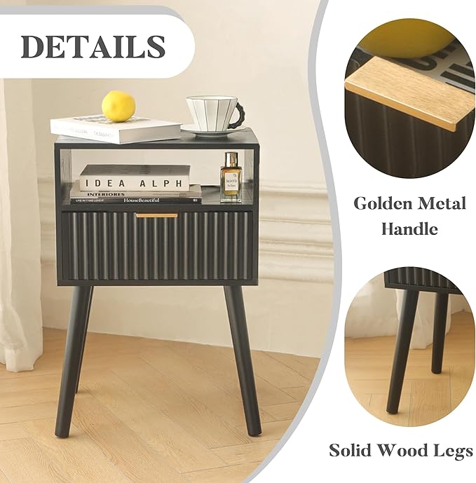 Black Nightstand, Modern Bedside Table with Fluted Drawers, Small Night Stand with Storage and Solid Wood Legs for Bedroom, Dorm and Small Space (Black)-NeatNest