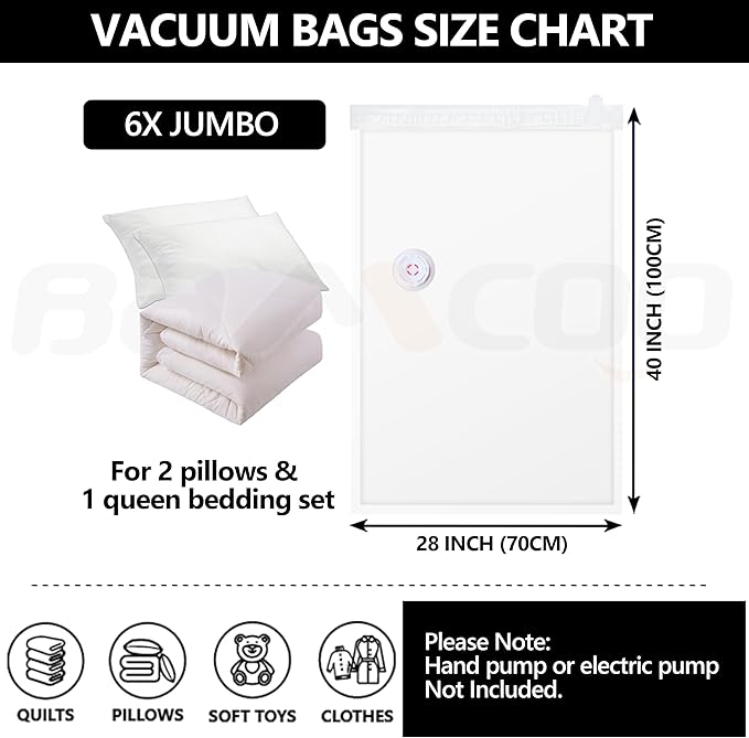 Vacuum Storage Bags 6 Jumbo Upgraded Vacuum Seal Bags for Bedding Blankets and Comforters Clothing, Space Bag Vaccine Sealed Compression Bag Suction for Storage Packing Travel Lugggage Jumbo-NeatNest