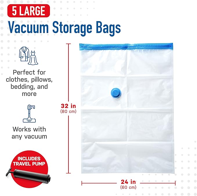 5 Pack Large Vacuum Storage Bags for Comforters, Blankets & Clothes – Vacuum Sealed Compression Bags with Hand Pump – Space Saver Storage Bags for Bedding, Moving, Travel & Organization-NeatNest