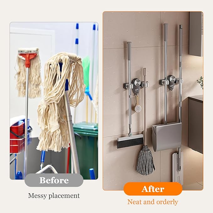 Broom Hanger Mop Hanger, Wall Mount Mop Grippers, No Punching Required Broom Hanger Organizer for Bathroom, Kitchen, Laundry Room, Home Garden, Garage Storage and Organization Rack(2PCS)