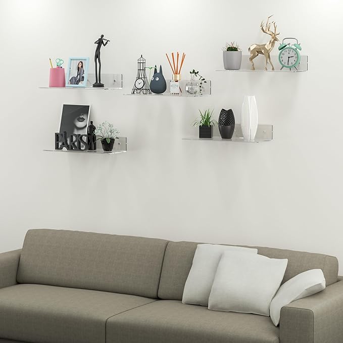 15 Inches Clear Acrylic Shelves, Wall Mounted Shelves for Bedroom, Wall Display Shelves for Collectibles, Funko Pop, Speaker, Plants, Space Saver, Wide Application, 4 Pack-NeatNest