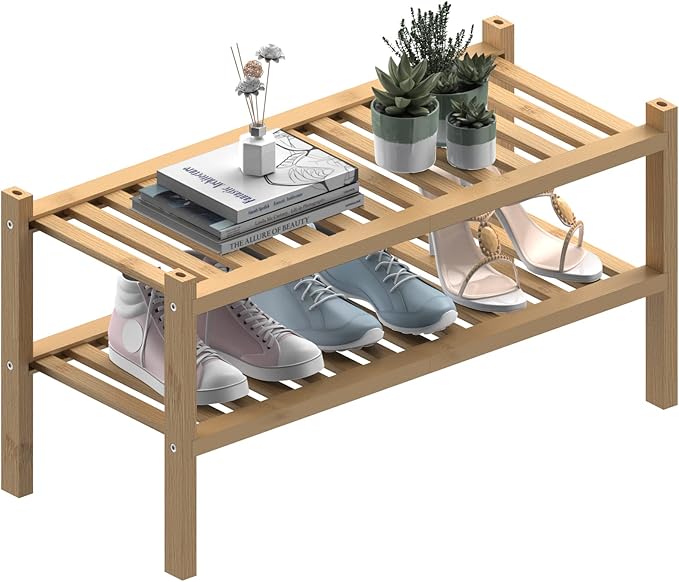 (Thick Bamboo Shoe Rack for Entryway, 2-Tier Free Standing Shoe Racks Stackable Shoe Rack Organizer for Hallway Closet Living Room 27 x12 x14 Inches-NeatNest