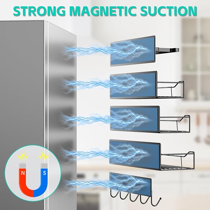 5 Pack Magnetic Shelves for Refrigerator, Magnetic Spice Rack with Tool Hooks, Versatile Metal Storage Baskets for Kitchen, Oven, Washing Machine(Black)