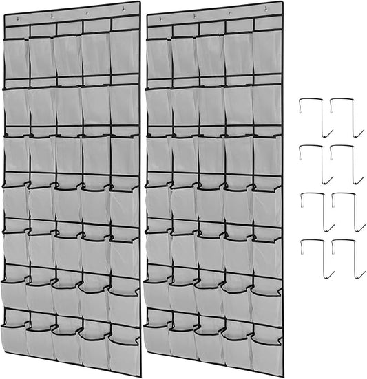 2 Pack 35 Breathable Mesh Pockets Large Hanging Shoe Organizer Over The Door Shoe Rack for Closet Door Storage Shoe Holder Hanger, 8Hooks, Grey (67.7'' x 26.4'')-NeatNest