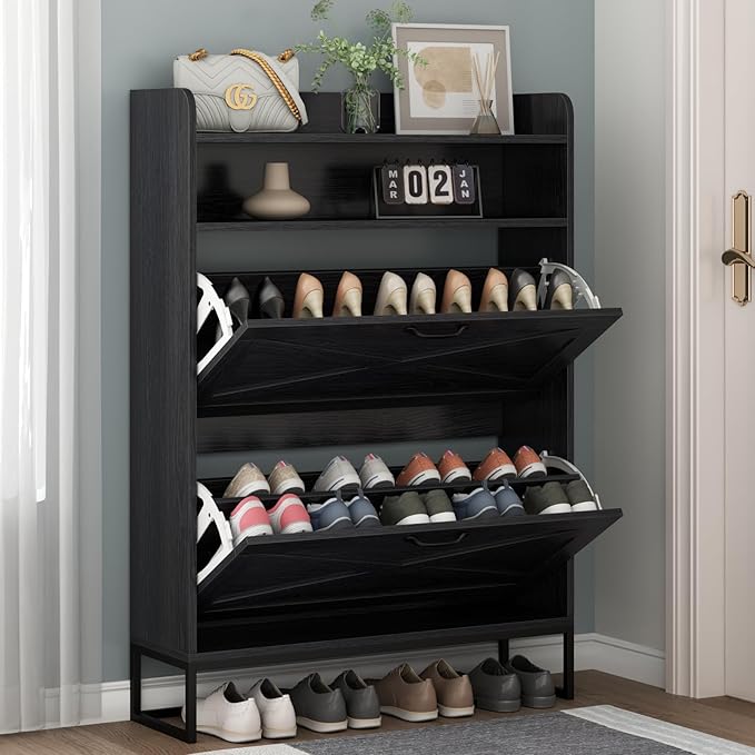 Shoe Cabinet, Freestanding Tipping Bucket Shoe Storage Cabinet with 2 Flip Drawers, Entryway Shoe Rack with Storage Top Cubby, Narrow Slim Hidden Shoe Organizer with Doors (Black)-NeatNest