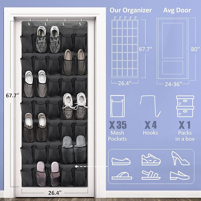 Tiblue Over The Door Shoe Organizers 35 Mesh Pockets Hanging Shoe Organizer Shoe Rack For Closet Entryway Bedroom Bathroom Pantry Shoe Holder, Men Sneakers, Women High Heeled Shoes, Flip Flops Black-NeatNest