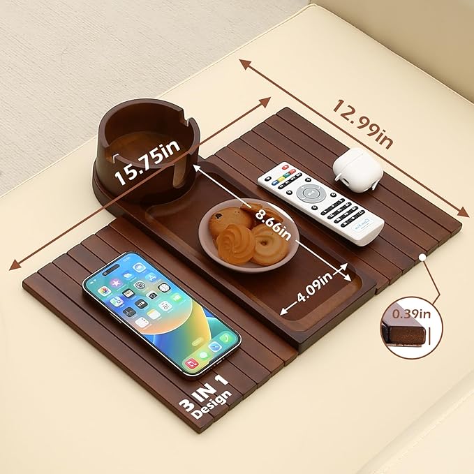 Couch Cup Holder Tray, 15.75" Bamboo Cup Holder for Couch, 3 in 1 Foldable Arm Chair Clip on Side Tray Table for Remote Snack Table on Armrest-NeatNest