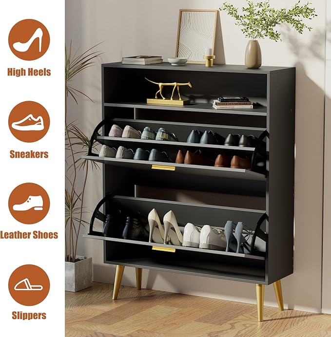 JOZZBY Shoe Cabinet for Entryway, Narrow Shoe Storage Cabinet with 2 Flip Drawers, Freestanding Hidden Shoe Rack Storage with Open Shelves for Hallway, Living Room, Set of 2, Black-NeatNest