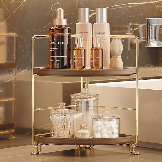 FSyueyun 2-Tier Corner Bathroom Counter Organizer, Tool-Less Installation Corner Vanity Organizer Small Plastics Countertop Makeup Tray Skincare Perfume Organizers (Gold & Brown)-NeatNest