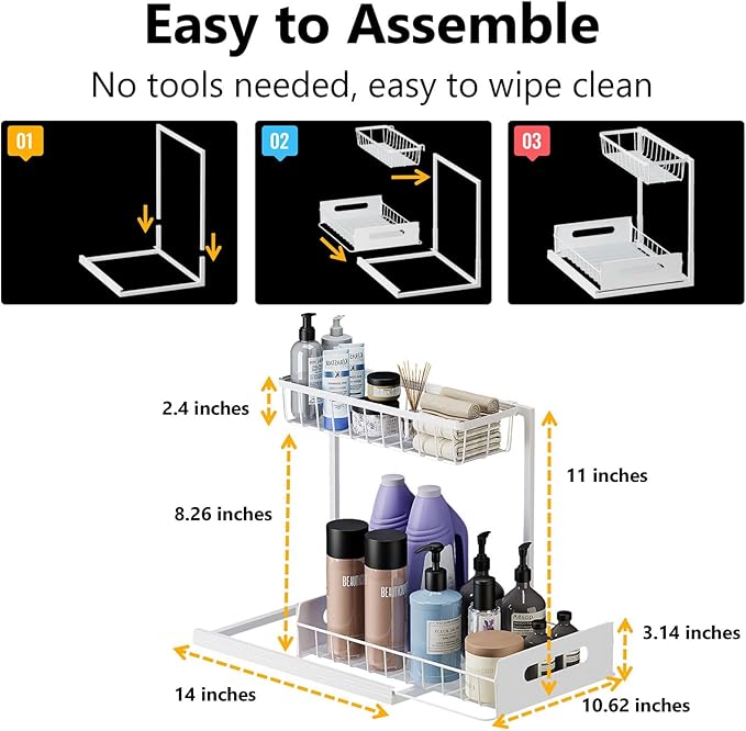 Under Sink Organizers and Storage 2 Tier Slide Out Kitchen Cabinet Organizer Sturdy Metal Bathroom Storage (White, 1 Pack)-NeatNest