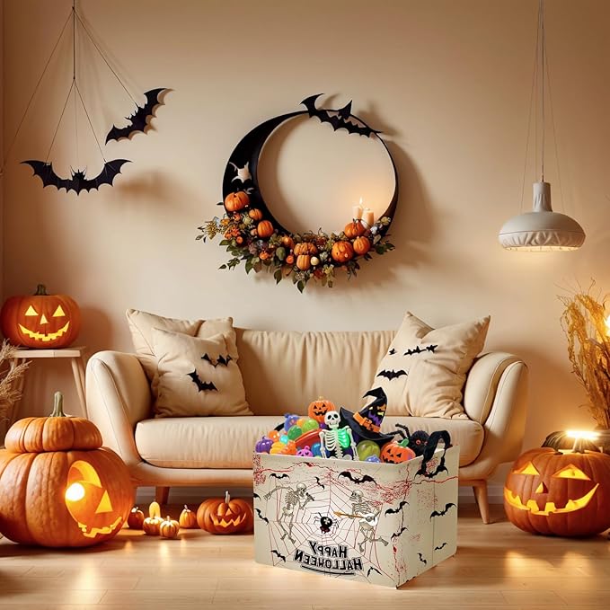 Halloween Basket Gift Terror Ghost Parties Decor Kid Trick or Treat Basket for Boys and Girls Rectangular Storage Bin Box (Skeleton Bat)-NeatNest