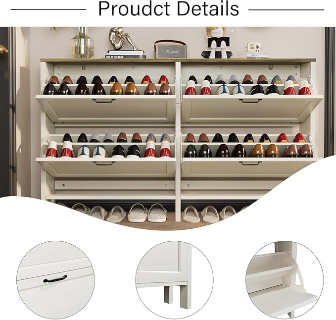 Shoe Cabinet with 4 Flip Drawers, Narrow Shoe Storage Cabinet, Freestanding Shoe Cabinet Organizer, Hidden Shoe Rack Cabinet for Entryway, Hallway (4-Drawers, Off White-Brown)-NeatNest