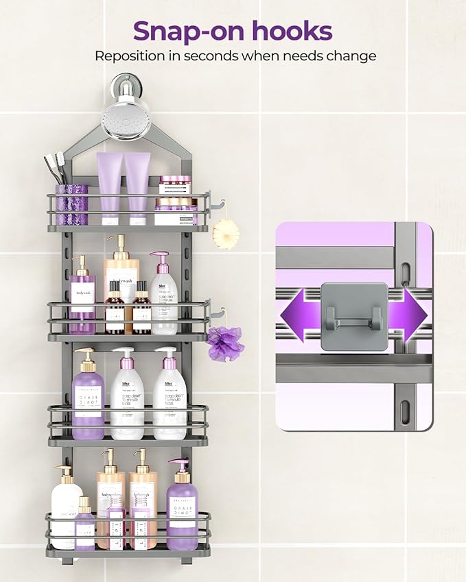 ODesign 4 Tier Height-Adjustable Shower Caddy Hanging Anti-Swing-Over The Shower Head Caddy-Showers Storage Organizer Bathroom Shelves Basket Showers Caddies-Grey