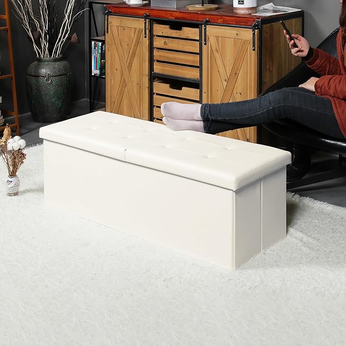 B FSOBEIIALEO Storage Ottoman with Filpping Lids, Ottoman Storage Bench Footrest Seat, Storage Chest Faux Leather 43.3"x15"x15" (White)
