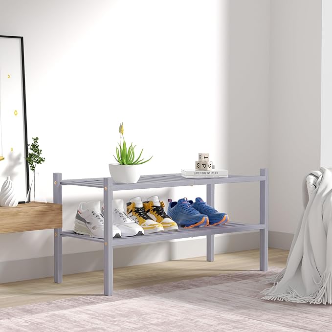2 Tier Bamboo Shoe Rack for Closet Free Standing Wood Shoe Shelf for Entryway Small Space Stackable 27"x11"x13" (Grey)-NeatNest