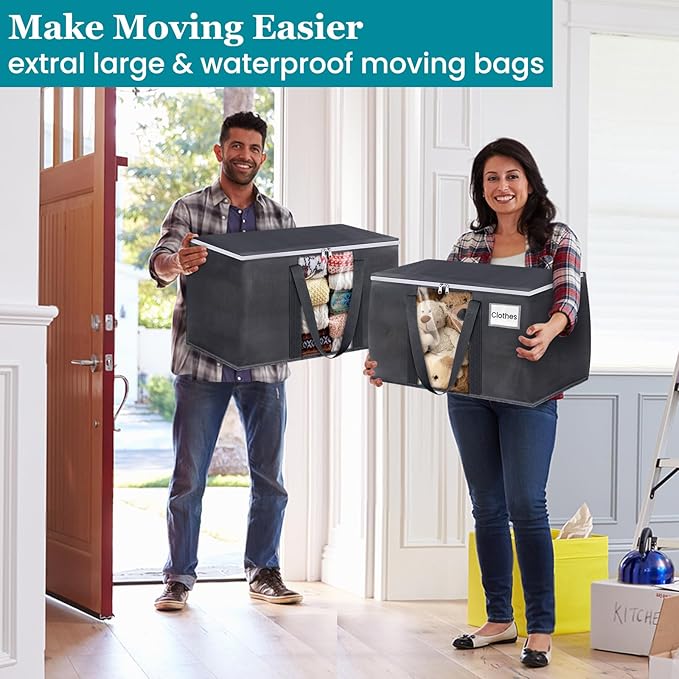 HomeHacks 6 Pack Extra Large Moving Bags with Visual PVC Window & Zippers, Storage Totes with Reinforced Handles, Heavy Duty Storage Bags for Packing, Moving, Storage (125L,Grey)