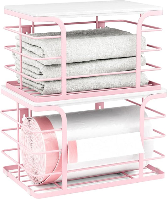 2 Pack Extra Large Stackable Pantry Storage with Bamboo Top,Wall Mount Trash Bag Dispenser Roll Holder for Kitchen Pantry Laundry Room,Pink-NeatNest