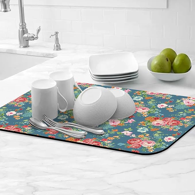 Boho Flowers Dish Drying Mats for Kitchen Counter Absorbent Fast Dry Dish Drainer Rack Mats for Dishes Utensils Pot and Pan, Kitchen Accessories 24"x16"-NeatNest