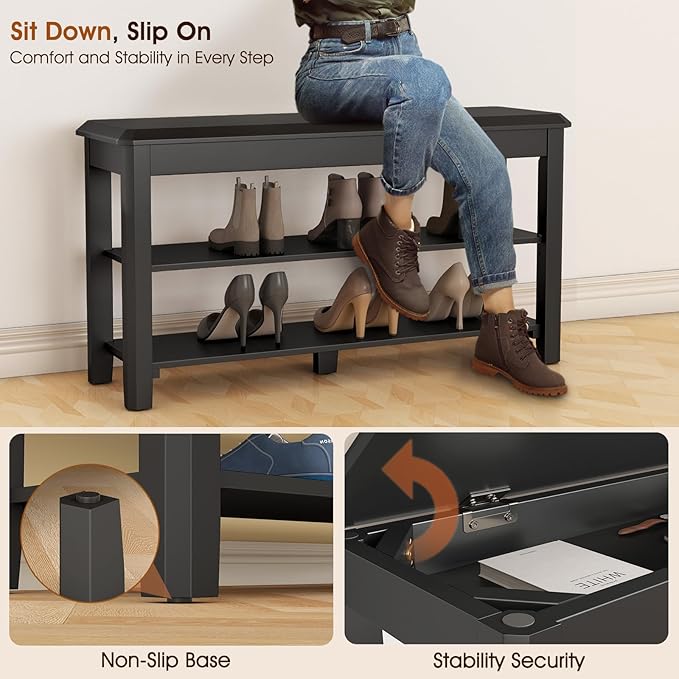 Shoe Rack Bench Seat Rubberwood 2-Tier Wooden Storage Bench 550lbs Compact Mid-Century Modern Design for Entryway, Hallway, Closet, Front Door Entrance, Foyer-NeatNest