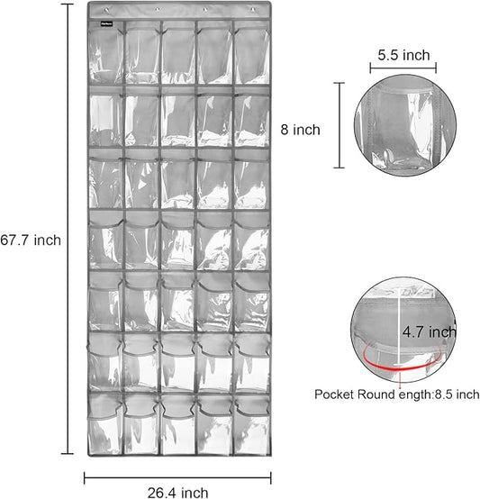 Clear Crystal 2 Pack 35 Pockets Large Hanging Shoe Organizer Over The Door Shoe Rack for Closet Door Storage Shoe Holder Hanger, 8Hooks, grey-NeatNest