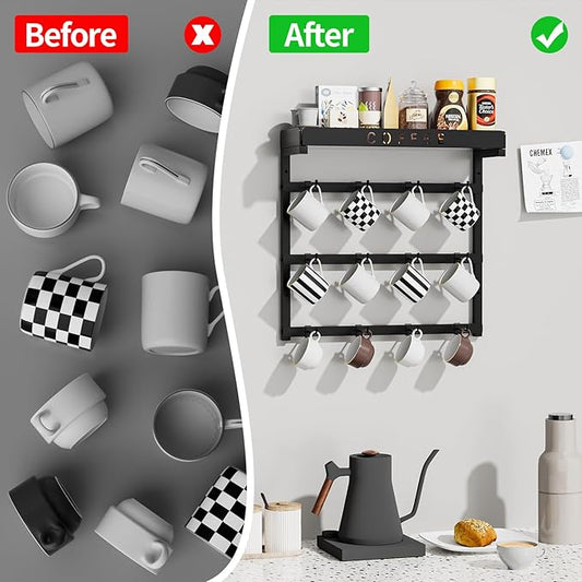 Coffee Mug Holder Wall Mounted with 12 Movable Hooks, Metal Coffee Cup Holder with Top Shelf, Mug Rack Wall Mount for Home Kitchen Display and Collection-NeatNest