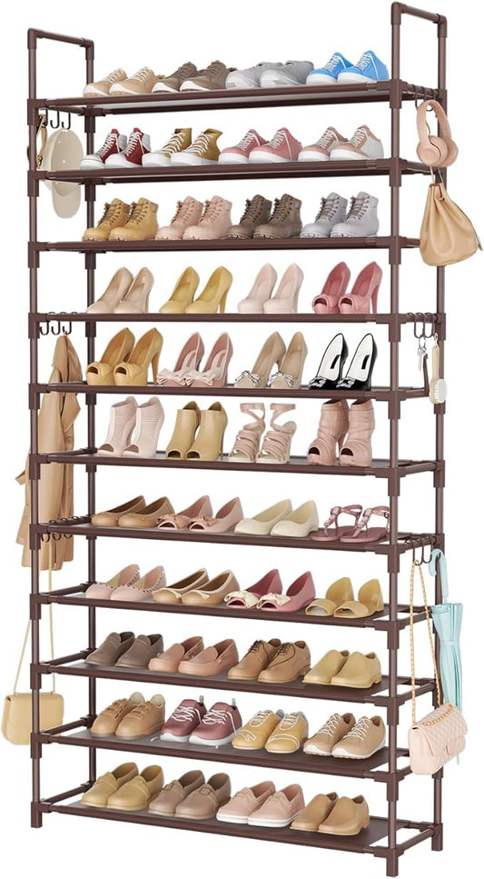 11 Tiers Tall Shoe Rack Holds 55 Pairs of Shoes with 18pcs Hooks Sturdy Wide Shoe Organizer Storage Free Standing Metal Shoe Shelf for Closet, Entryway Brown-NeatNest
